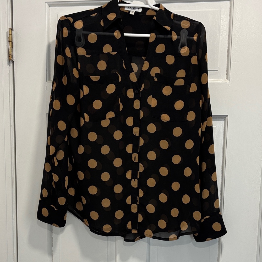 Express Black and Tan Polka Dot Button-Down Shirt